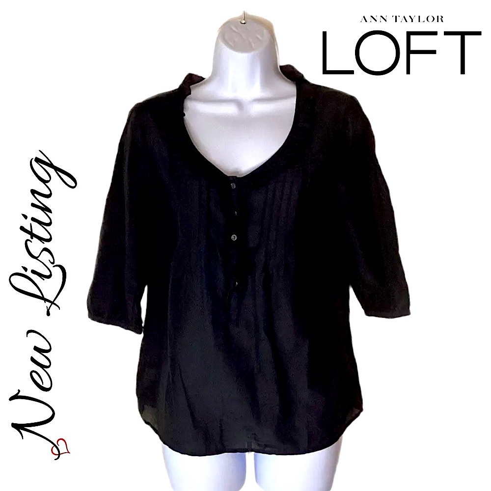 Ann Taylor LOFT XS Silk Blend Cotton 3/4 Sleeve Black Scoop Neck Relaxed Soft